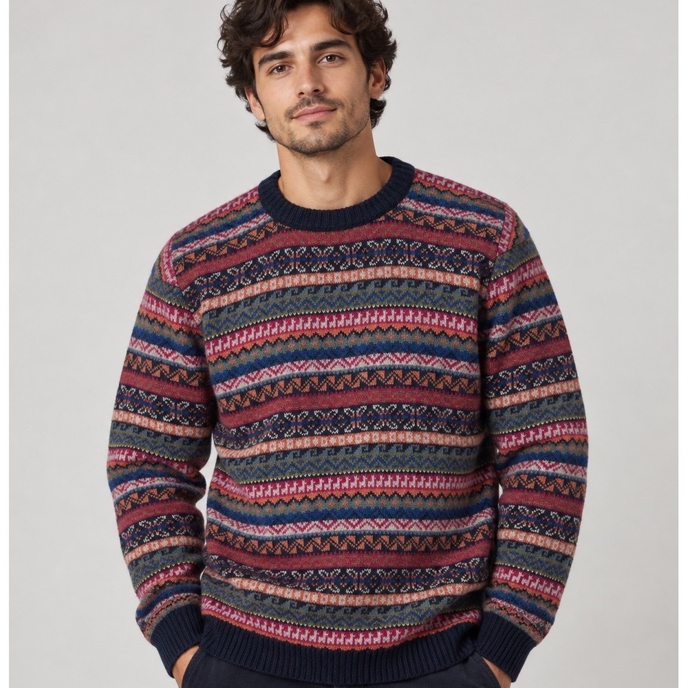 Peruvian Alpaca Crewneck Sweater Mens XL Multi Fair Isle Knit Gorp Cabin Cozy